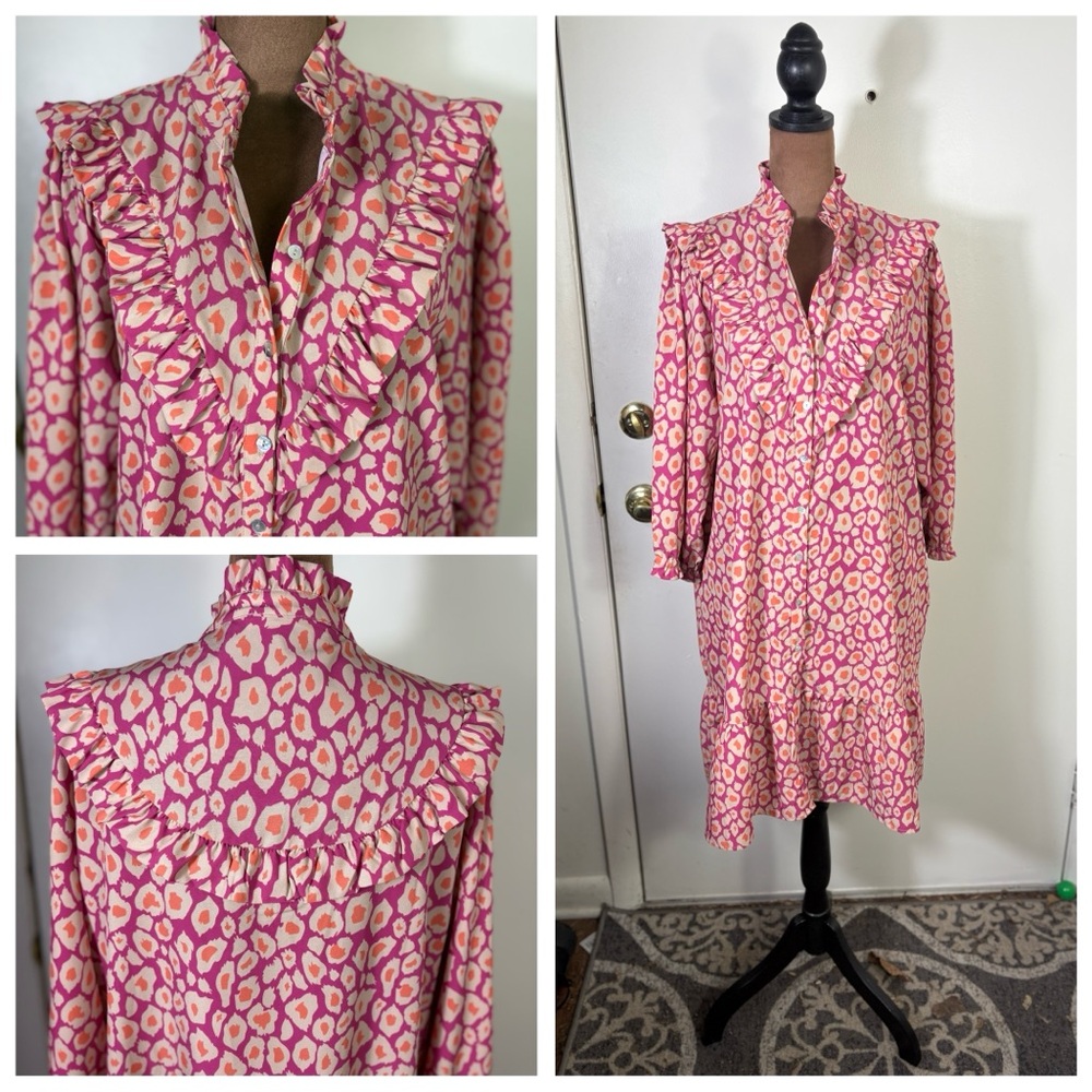 Michelle McDowell Women’s Sz L Printed Ruffle Collar Morgan Shift Dress pockets - Picture 2 of 8